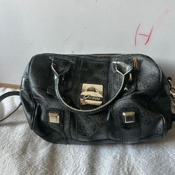 Y2K Style Vintage Guess Women's Black Leather HandBag Monogram Gold Hardware - Picture 1 of 8